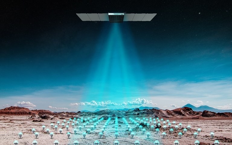 Fleet Space Technologies' ExoSphere solution uses Geode portable sensors to collect subsurface data, which is beamed to a constellation of low-earth orbit satellites. Courtesy of Fleet Space Technologies. 